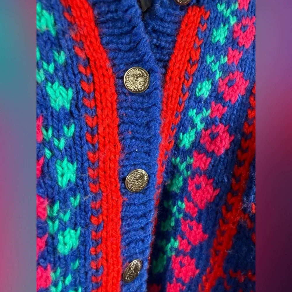 Rainbow Creek Hand Knit Sweater with Red and Blue Accents
